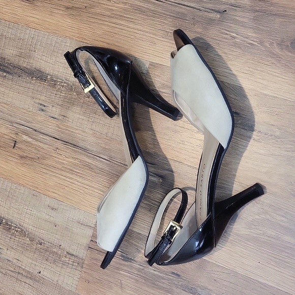 FRANCO SARTO Austin Black Tan Black Ankle Strap Peep Toe 3" Heel - Picture 7 of 12